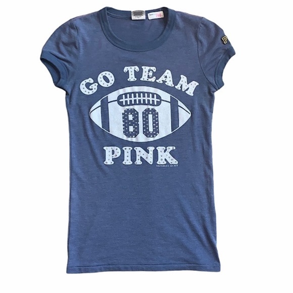 Y2K PINK Victorias Secret Rhinestone Football Go Team Pink Top Blue White XS - Picture 1 of 8